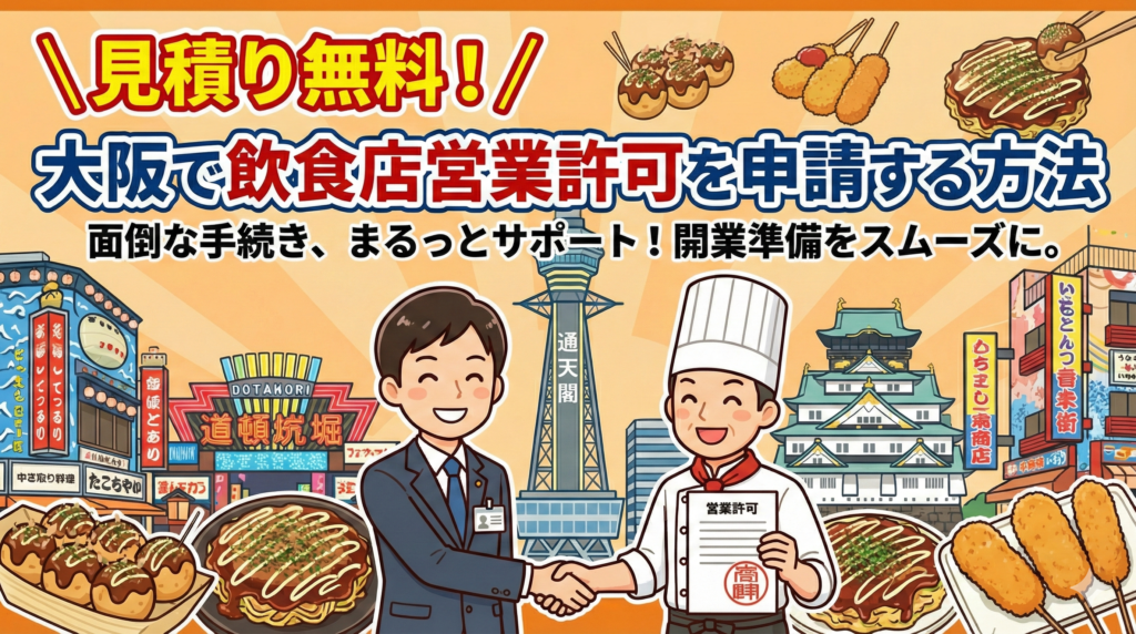 大阪で飲食店営業許可を申請する方法と行政書士による申請代行サービスを「見積り無料」「面倒な手続きまるっとサポート」と題して紹介するアイキャッチ画像。通天閣や大阪城、たこ焼きなどのイラストで賑やかな大阪の雰囲気を表現。